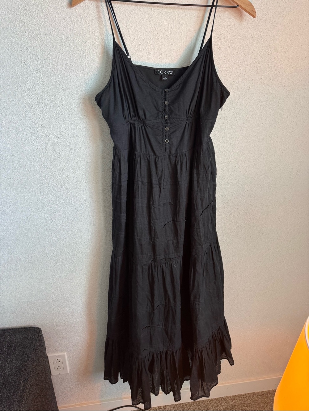 J. Crew Black Spaghetti-Strap Tiered Midi Dress with Button Front